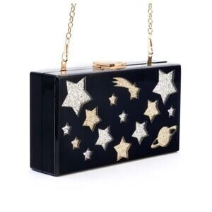 Circus Sam Edelmand Black Gold Star Celestial Acrylic Hard Shell Clutch Purse